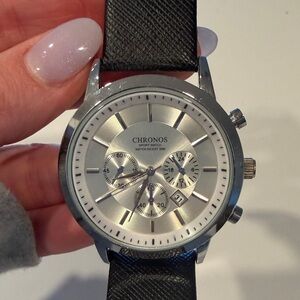 Chronos Silver Dial Black Leather Strap Watch